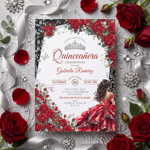Red and Black Quinceañera Silver Tiara Butterflies Invitation