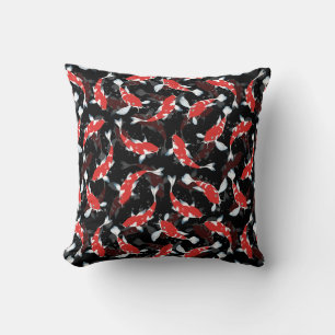 Red And Black Repeating Motif Koi Fish Pattern Throw Pillow