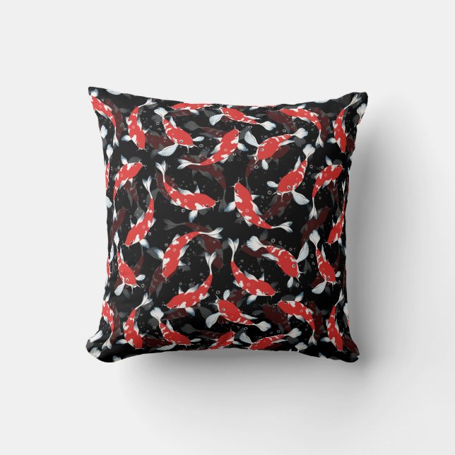 Red And Black Repeating Motif | Koi Fish Pattern Throw Pillow (Front)