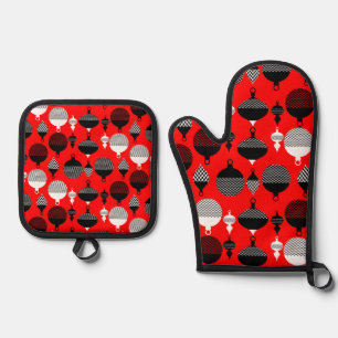 Red And Black Retro Christmas Decorative Ball Oven Mitt & Pot Holder Set