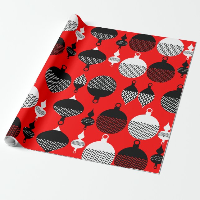 Red And Black Retro Christmas Decorative Ball Wrapping Paper (Unrolled)