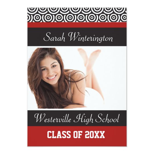 Red and Black Retro Circle Photo Graduation Party Card