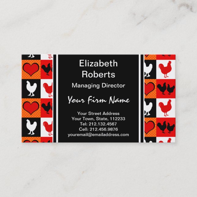 Red and Black Rooster Chicken Pattern Business Card (Front)