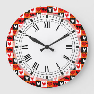 Red and Black Rooster Chickens and Hearts Pattern Large Clock