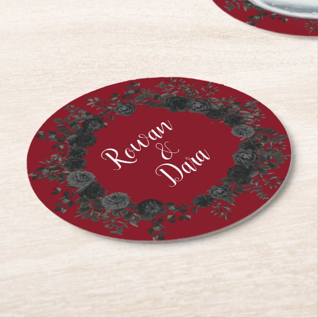 Red and Black Rose Gothic Wedding Coasters (Angled)
