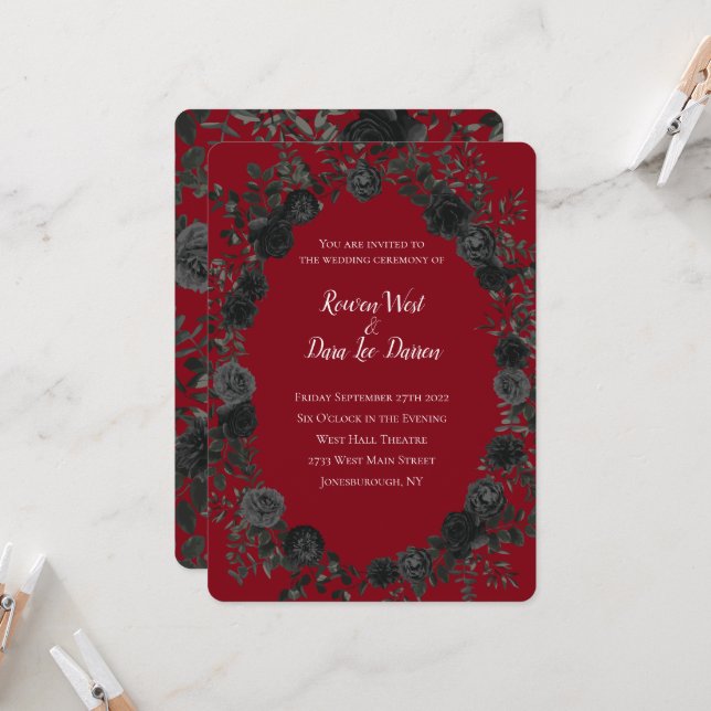 Red and Black Rose Gothic Wedding Invitations (Front/Back In Situ)