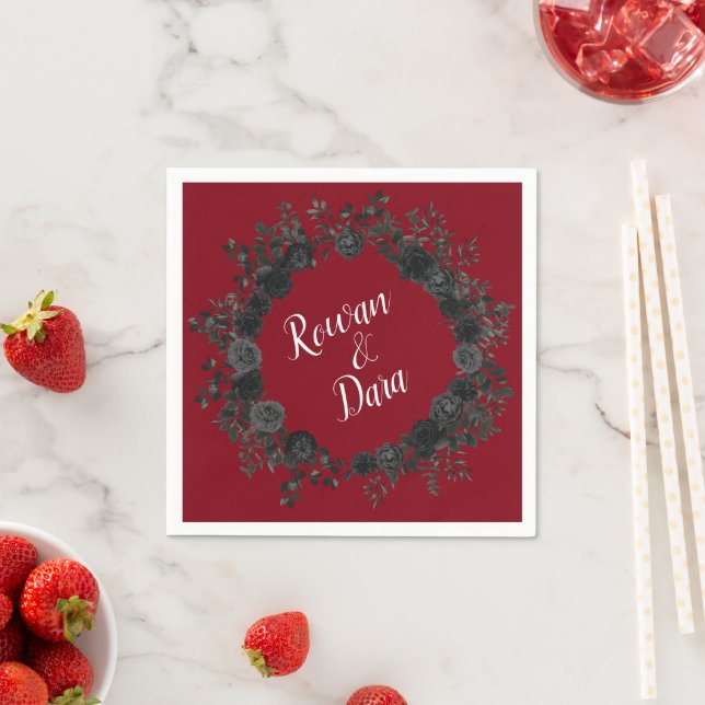 Red and Black Rose Gothic Wedding Napkins (Insitu)