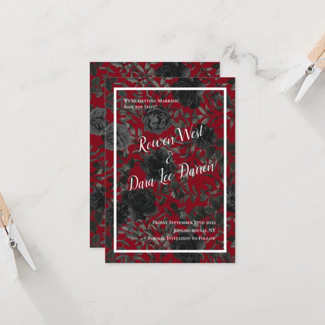 Red and Black Rose Gothic Wedding Save the Date Invitation (Front/Back In Situ)