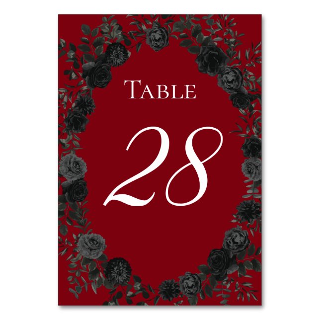 Red and Black Rose Gothic Wedding Table Numbers (Front)