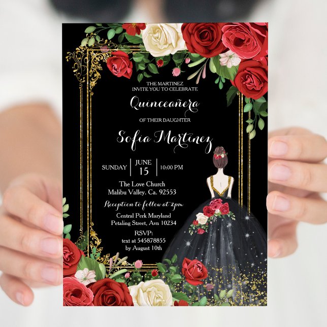 Red and Black Roses Mis Quince Invitation (Creator Uploaded)