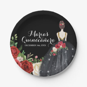 Red and Black Roses Mis Quince Paper Plate