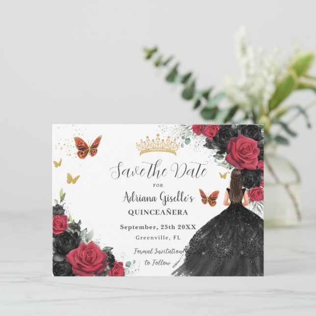 Red and Black Roses Princess Gold Quinceañera Save The Date (Standing Front)
