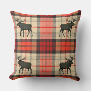 Red and Black Rustic Moose Plaid Pattern Throw Pillow