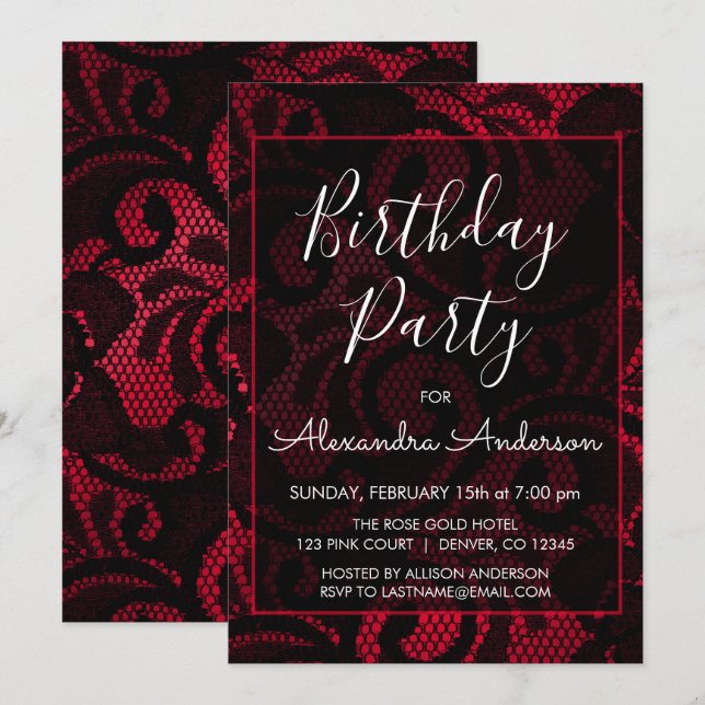 Red and Black Satin Lace Any Age Birthday Party Invitation (Front/Back)