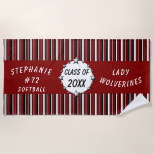 Red and Black School Graduation Personalized Beach Towel