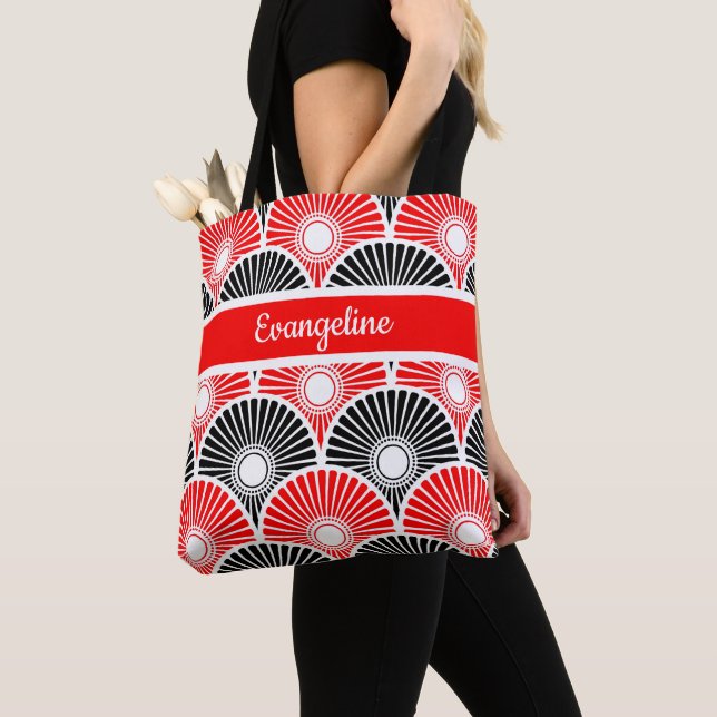 Red and Black Semi Circle Wave Pattern Tote Bag (Close Up)