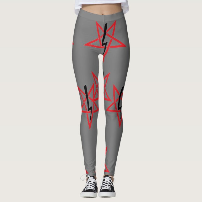 Red And Black Sigil Of Anton LaVey on Grey Leggings (Front)