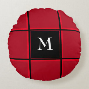 Red and Black Single Initial Christmas Round Pillow