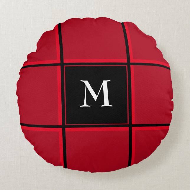 Red and Black Single Initial Christmas Round Pillow (Front)