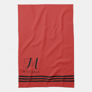 Red and Black Sophisticated Stripes and Monogram Kitchen Towel