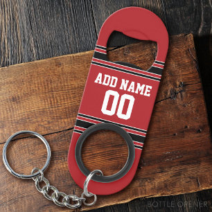 Red and Black Sports Jersey Custom Name Number Mini Bottle Opener