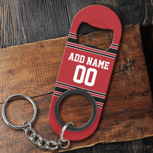 Red and Black Sports Jersey Custom Name Number Mini Bottle Opener (Custom Bottle Opener)