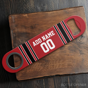 Red and Black Sports Jersey Custom Name Number Speed Bottle Opener
