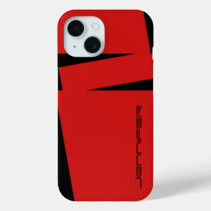 Red and Black Stripe, Name, Minimalist Simple iPhone 15 Case