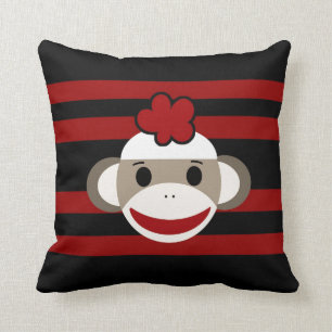 Red and Black Striped Sock Monkey Girl Flower Hat Throw Pillow