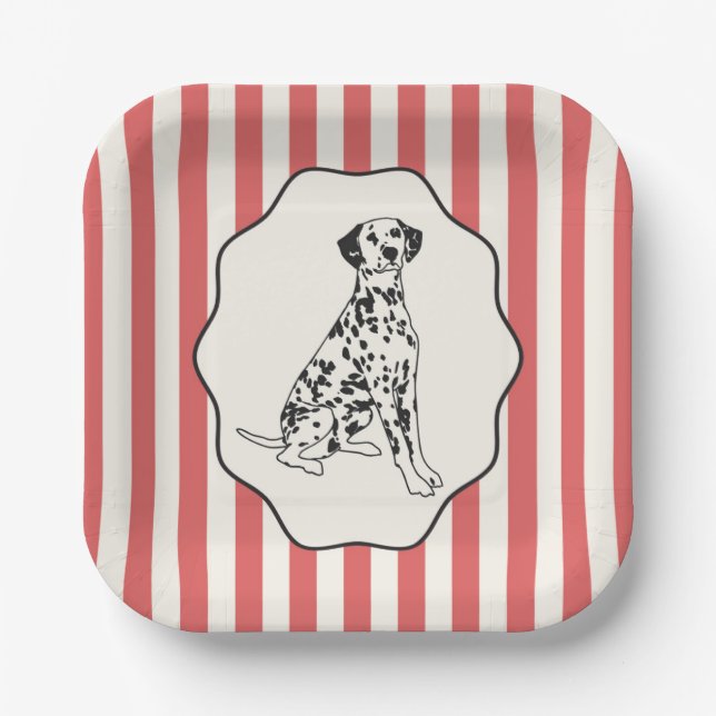 Red and Black Stripes and Dog Illustration Paper Plate (Front)