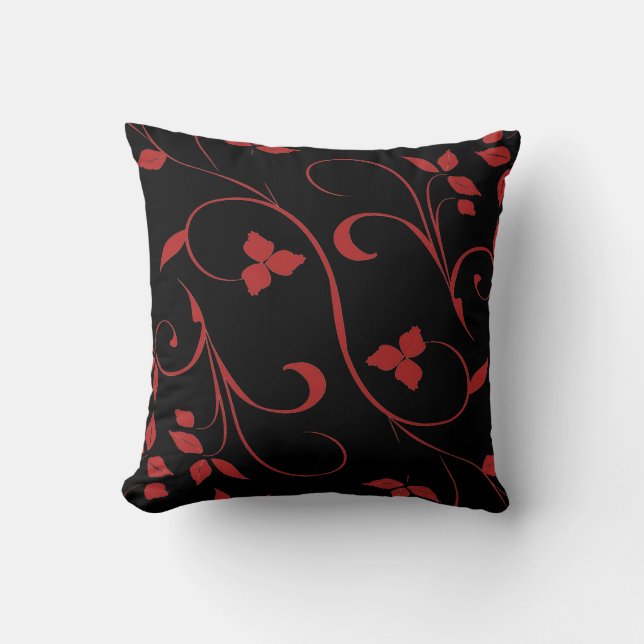 Red and Black Stunning Decorative Fern Throw Pillow (Front)