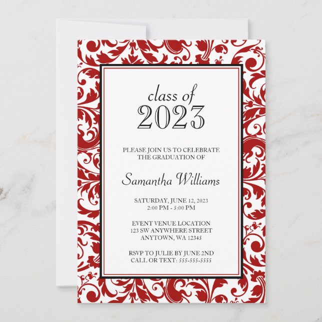 Red and Black Swirl Damask Graduation Announcement (Front)