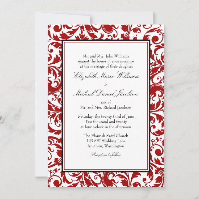 Red and Black Swirl Damask Wedding Invitation (Front)