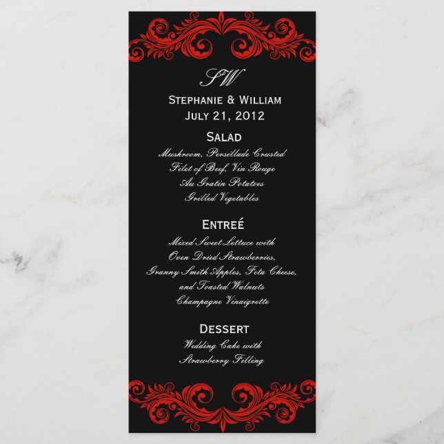 Red and Black Swirl Wedding Reception Menu (Front)