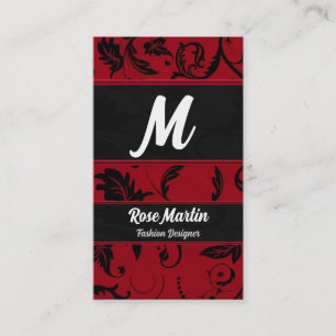 Red and Black Swirly Damask Monogram Business Card