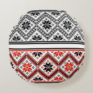 Red and Black Symmetrical Folk Art Round Throw Pillow