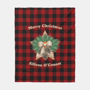 Red and Black tartan nordic Wooden Christmas Star  Fleece Blanket