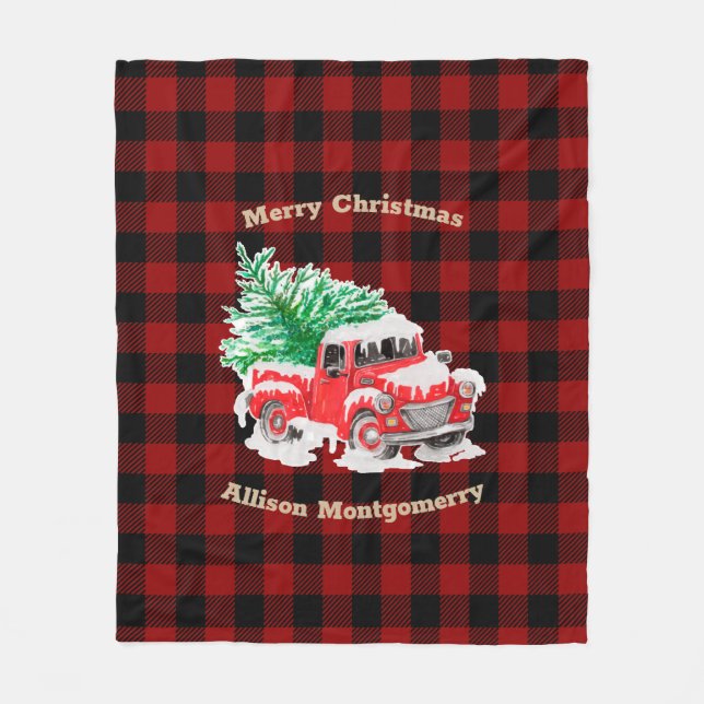 Red and Black Tartan Red Christmas Truck with tree Fleece Blanket (Front)