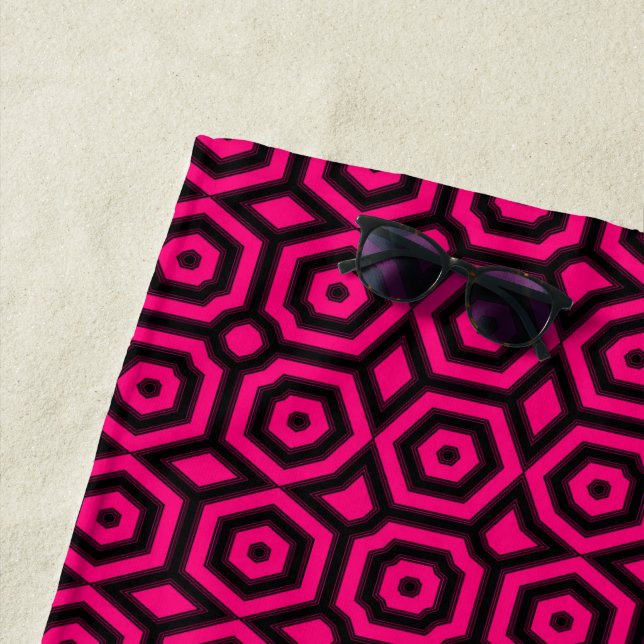 Red and black trendy geometric art deco pattern  beach towel (In Situ)