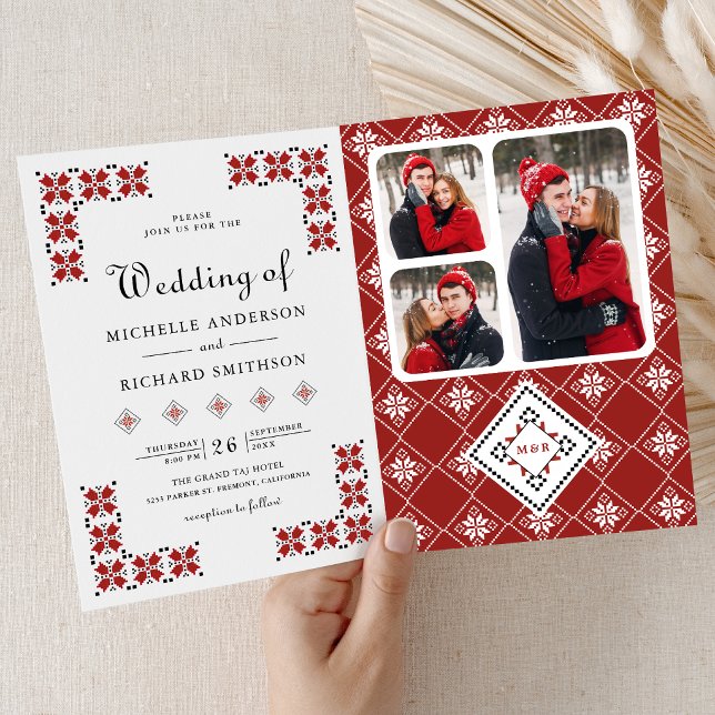 Red and Black Ukrainian Embroidery QR Code Wedding Invitation (Creator Uploaded)