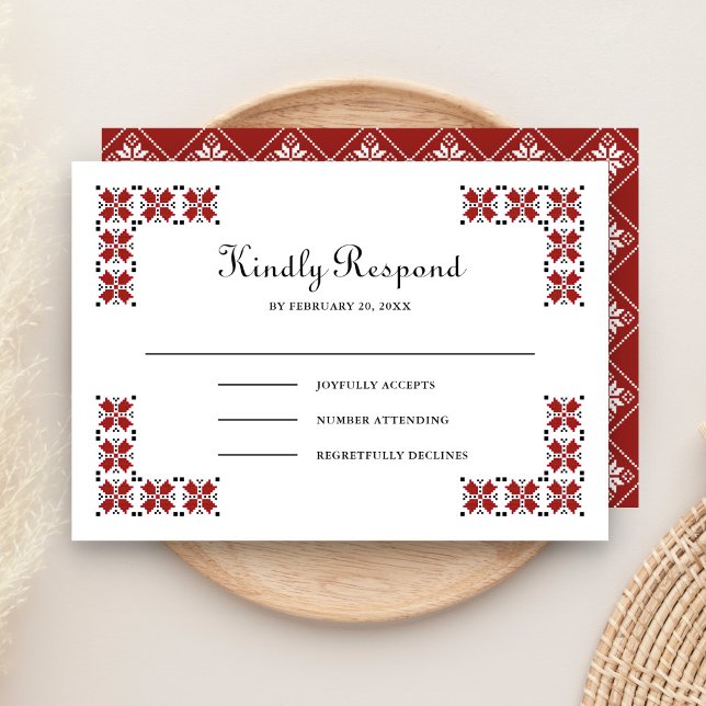Red and Black Ukrainian Embroidery Wedding RSVP Card (Creator Uploaded)