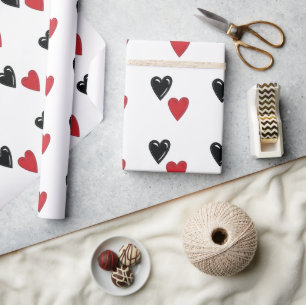 Red and Black Valentine Hearts On White Wrapping Paper
