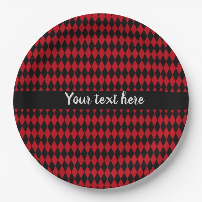 Red and Black Vintage Harlequin Paper Plate (Front)