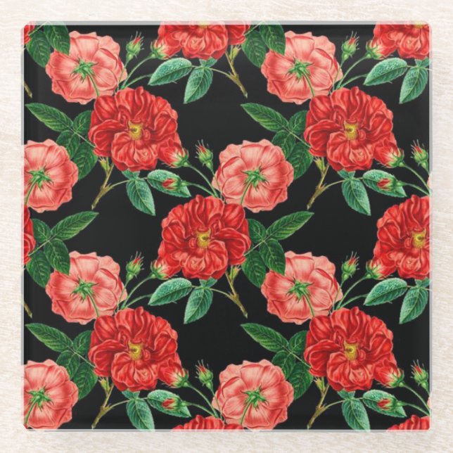 Red and Black Vintage Rose Pattern Glass Coaster (Front)
