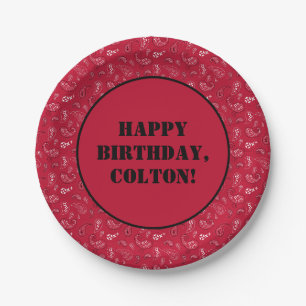 Red and Black Western Bandana Print Birthday Party Paper Plate