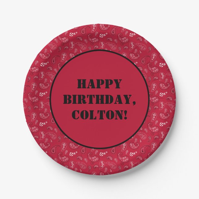 Red and Black Western Bandana Print Birthday Party Paper Plate (Front)