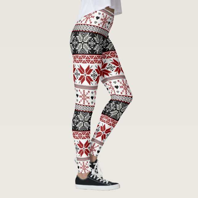 Red and Black Winter Fair Isle Pattern Leggings (Right)