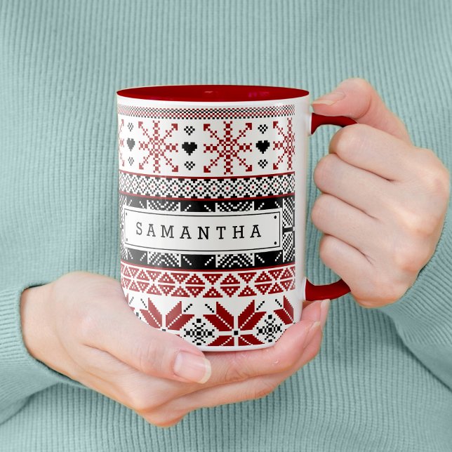 Red and Black Winter Fair Isle Pattern Mug (Winter Fair Isle Pattern with Custom Name Tall Mug)