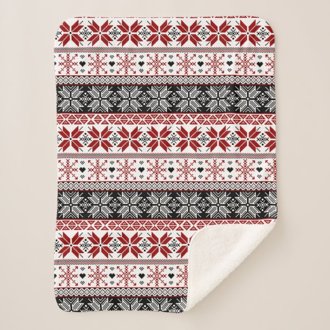 Red and Black Winter Fair Isle Pattern Sherpa Blanket (Front)