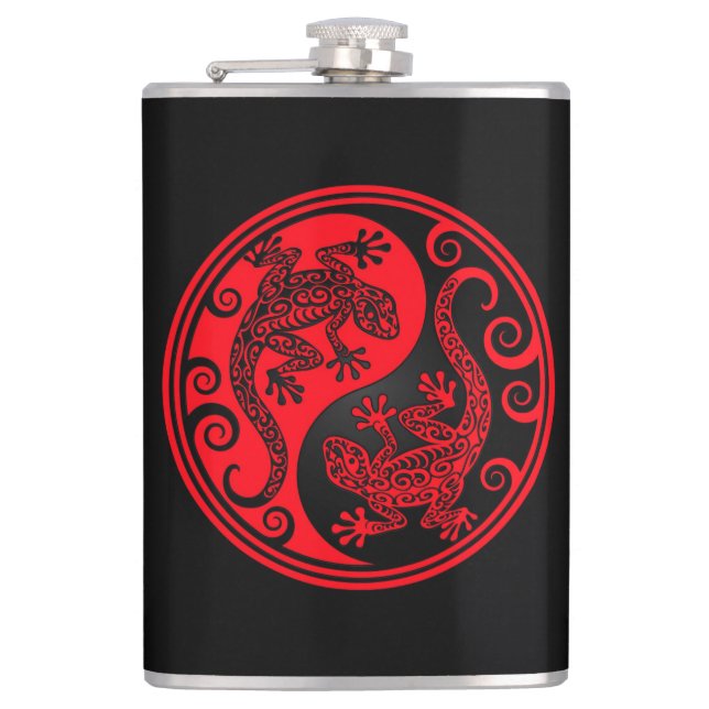 Red and Black Yin Yang Lizards Hip Flask (Front)